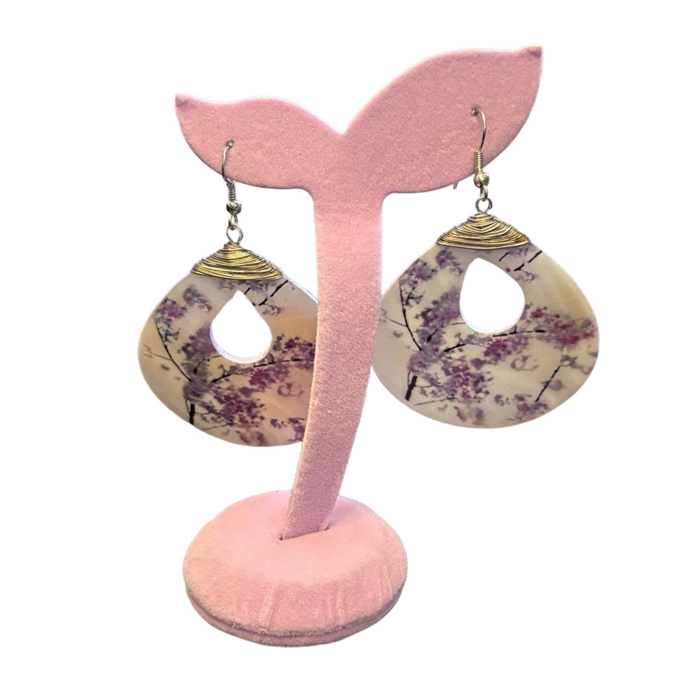 Handmade Mother Of Pearl Beautiful Purple Painted Hoop Drop Earrings